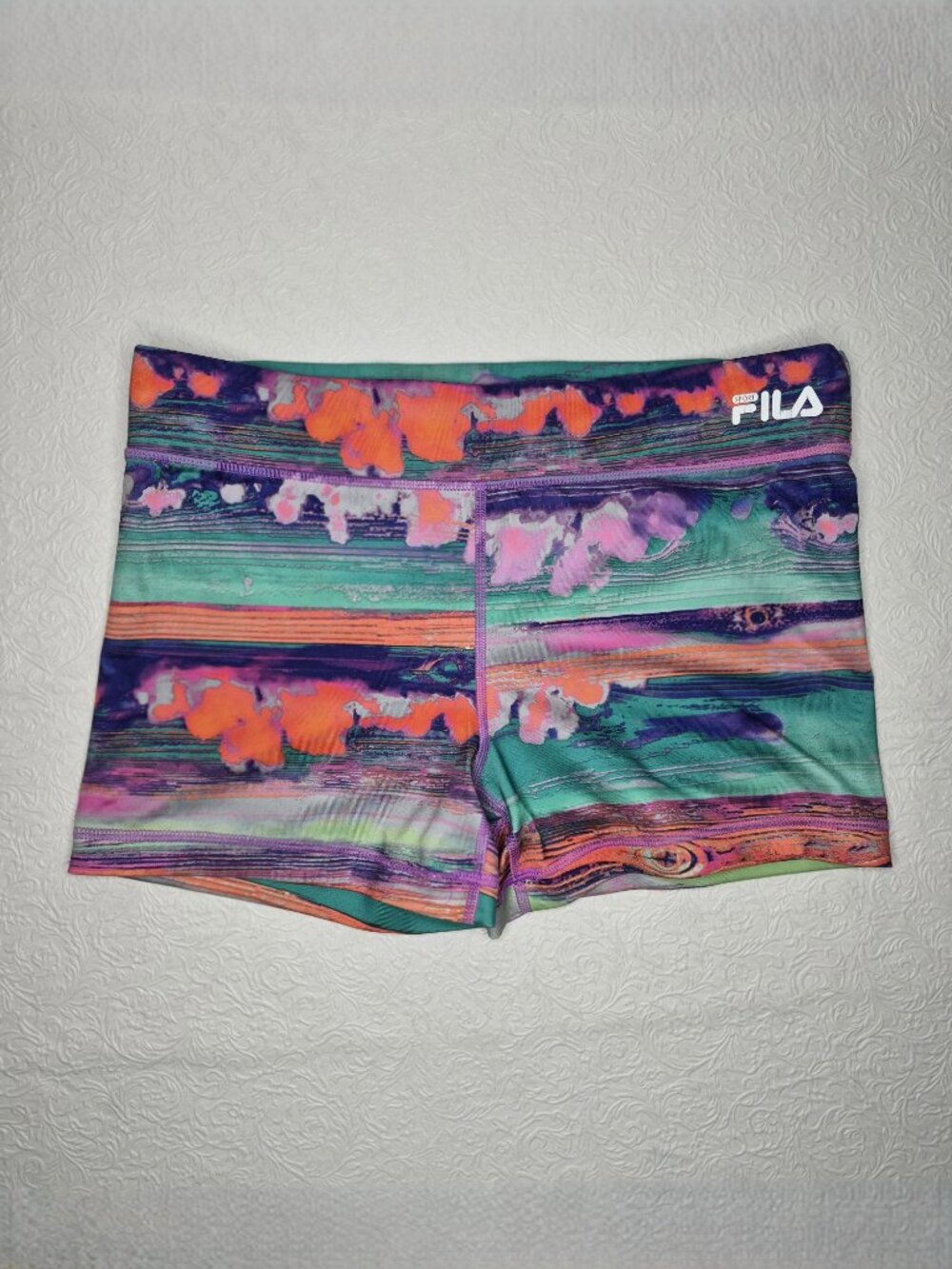 FILA Sport Women M Colorful Tie Dye Stretch Running Shorts Blue Teal Purple Pink